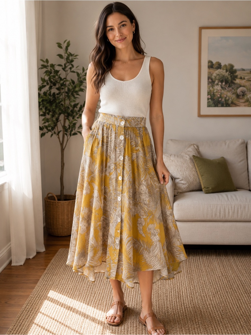Catherine Malandrino Yellow Floral Button-Front Midi Skirt